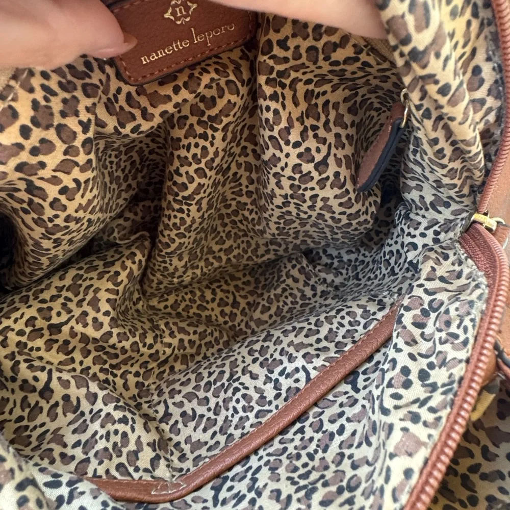 Nanette Lepore Pebbled Leather Tassel Tote Brown Boho Chic Animal Print Classic - Picture 11 of 14